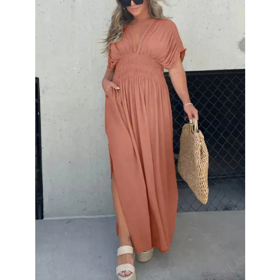 Full Size Slit V-Neck Smocked Waist Maxi Dress Plus Size Brick Red / S Apparel and Accessories