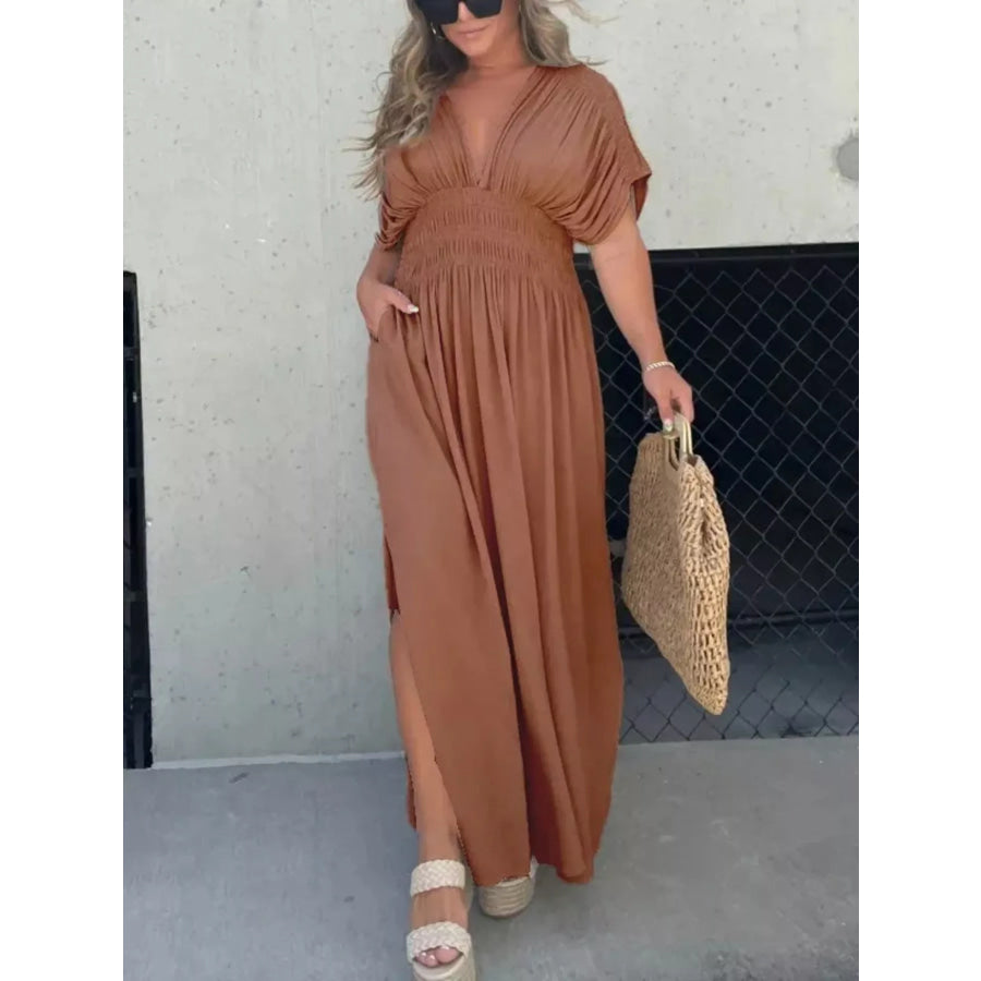 Full Size Slit V-Neck Smocked Waist Maxi Dress Plus Size Brown / S Apparel and Accessories