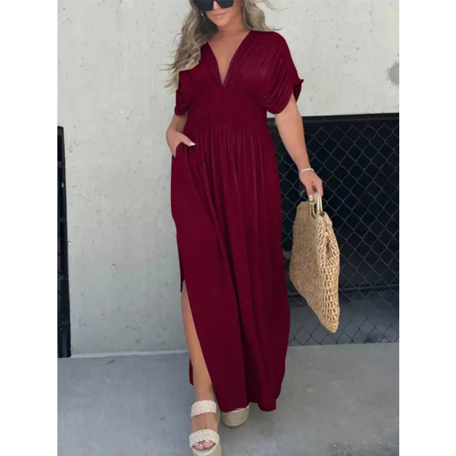 Full Size Slit V-Neck Smocked Waist Maxi Dress Plus Size Burgundy / S Apparel and Accessories