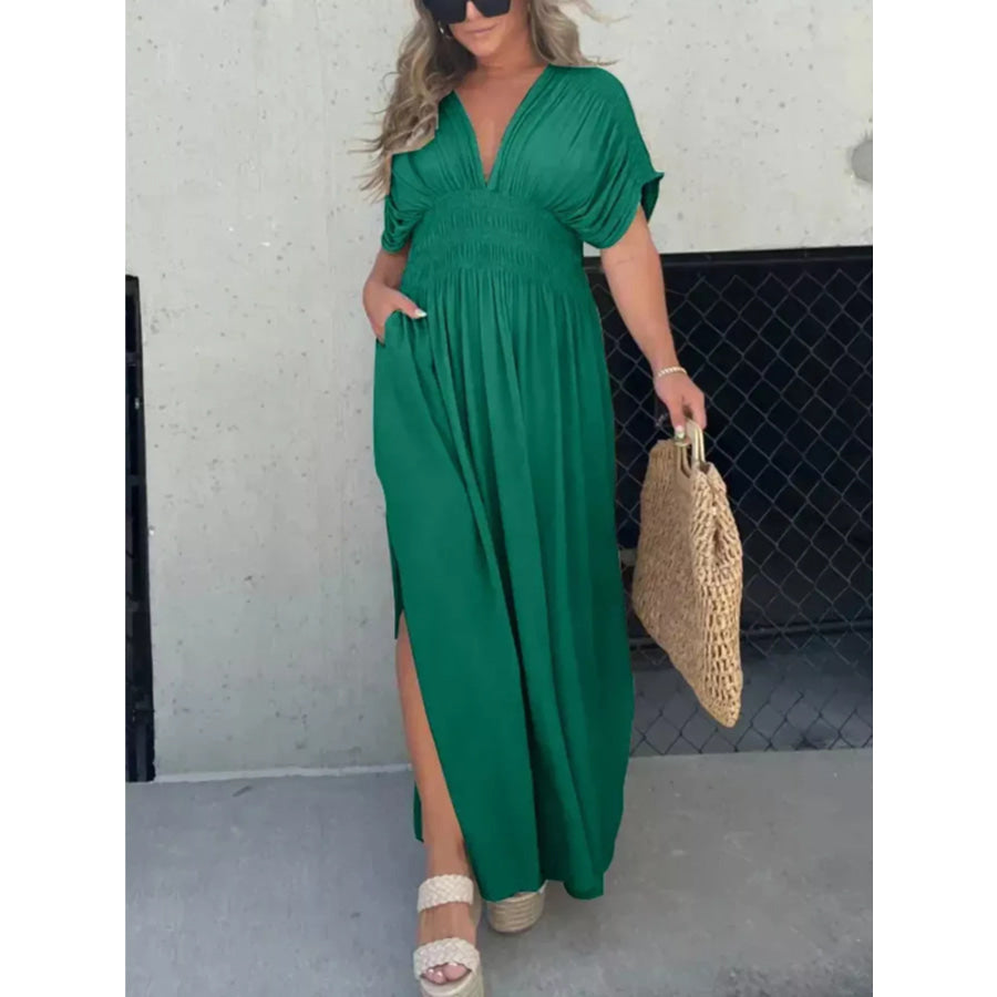 Full Size Slit V-Neck Smocked Waist Maxi Dress Plus Size Dark Green / S Apparel and Accessories