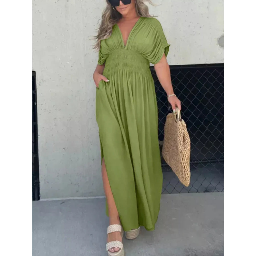 Full Size Slit V-Neck Smocked Waist Maxi Dress Plus Size Matcha Green / S Apparel and Accessories