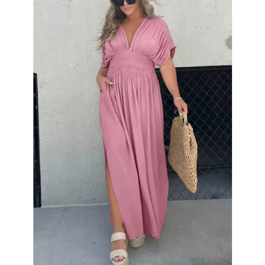 Full Size Slit V-Neck Smocked Waist Maxi Dress Plus Size Pink / S Apparel and Accessories