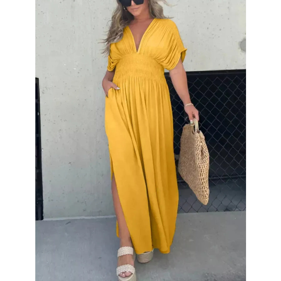 Full Size Slit V-Neck Smocked Waist Maxi Dress Plus Size Yellow / S Apparel and Accessories