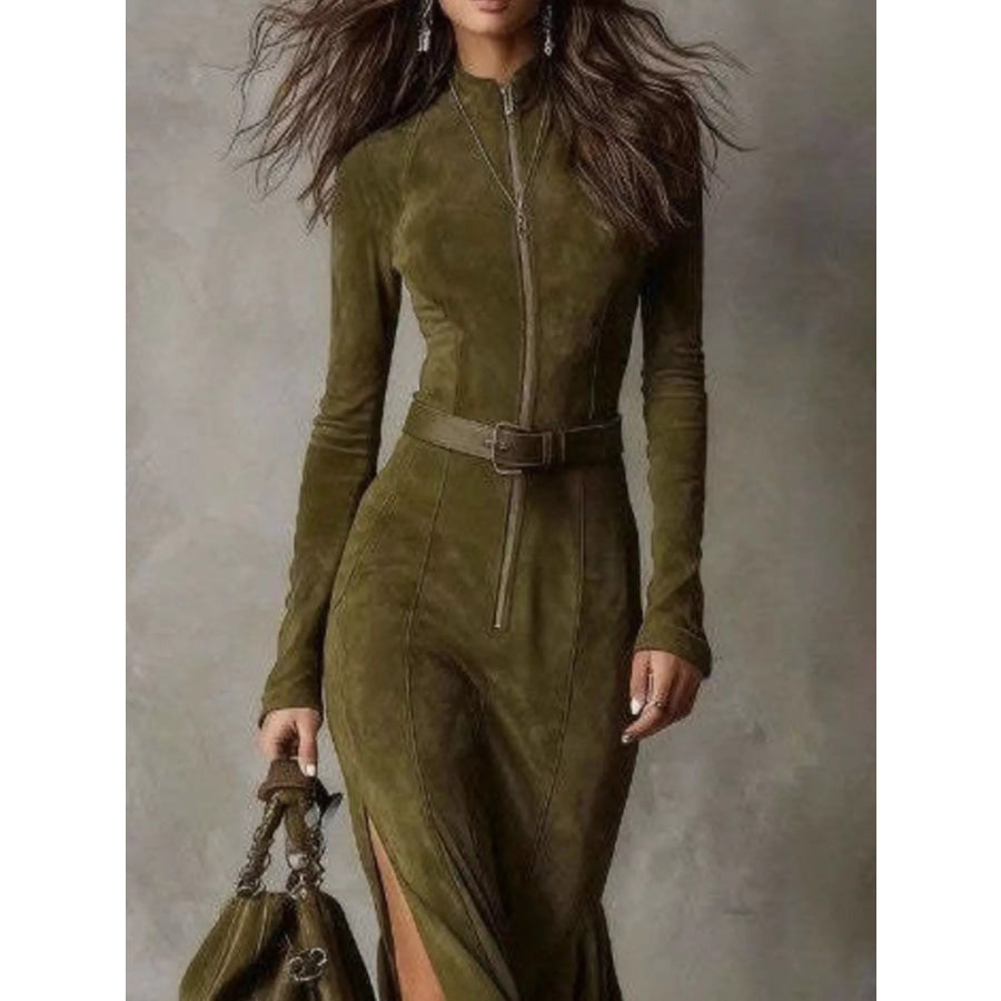 Full Size Slit Zip Front Long Sleeve Dress Plus Size Apparel and Accessories