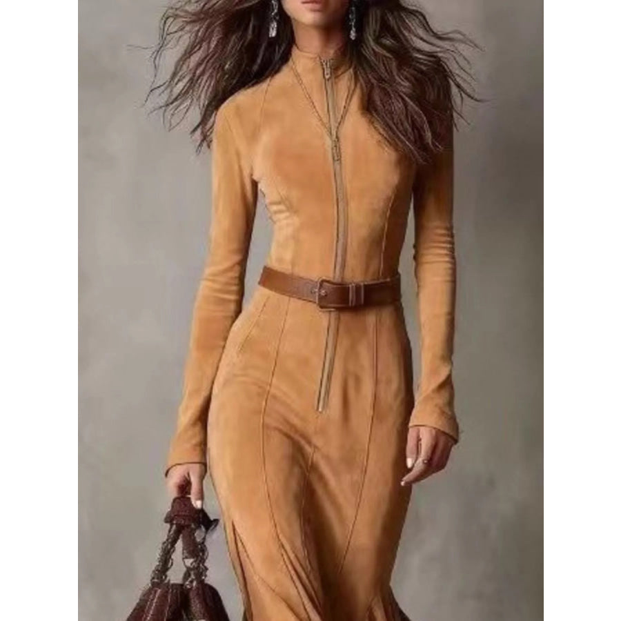 Full Size Slit Zip-Front Long Sleeve Maxi Dress with Belt Plus Size Apparel and Accessories