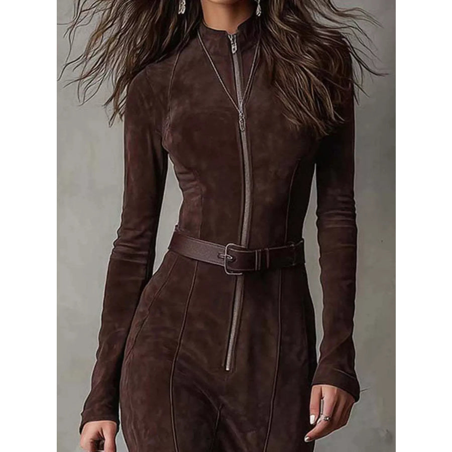 Full Size Slit Zip-Front Long Sleeve Maxi Dress with Belt Plus Size Apparel and Accessories