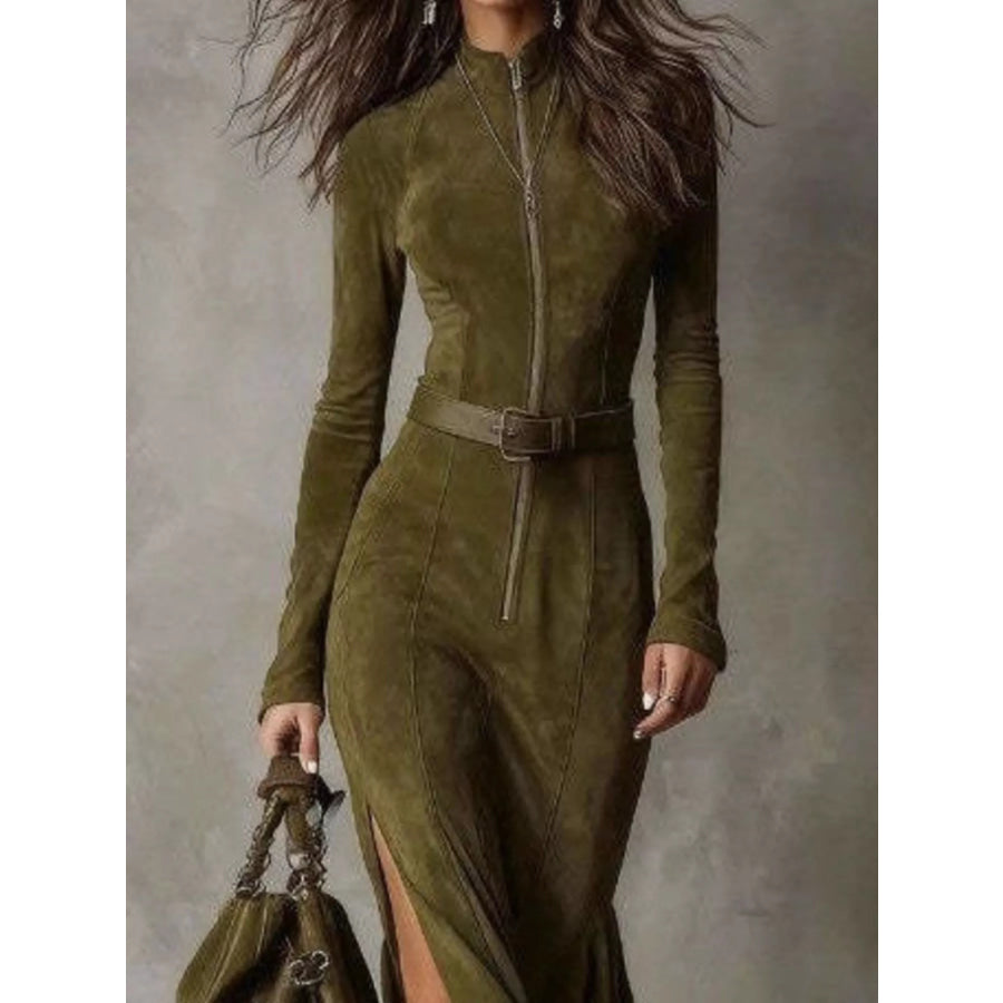 Full Size Slit Zip-Front Long Sleeve Maxi Dress with Belt Plus Size Apparel and Accessories