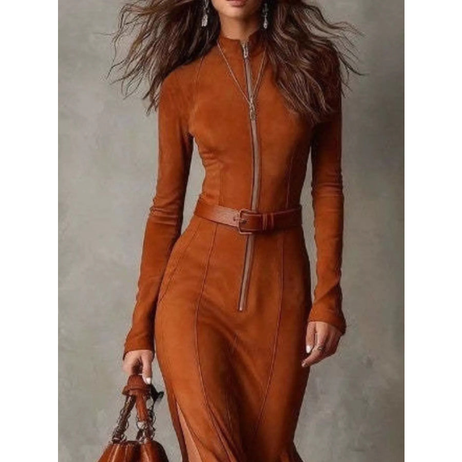 Full Size Slit Zip-Front Long Sleeve Maxi Dress with Belt Plus Size Apparel and Accessories