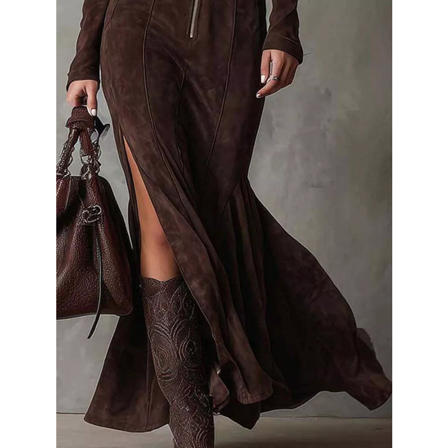 Full Size Slit Zip-Front Long Sleeve Maxi Dress with Belt Plus Size Apparel and Accessories