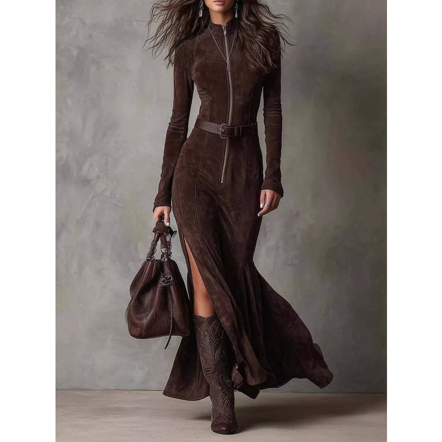 Full Size Slit Zip-Front Long Sleeve Maxi Dress with Belt Plus Size Dark Brown / XS Apparel and Accessories