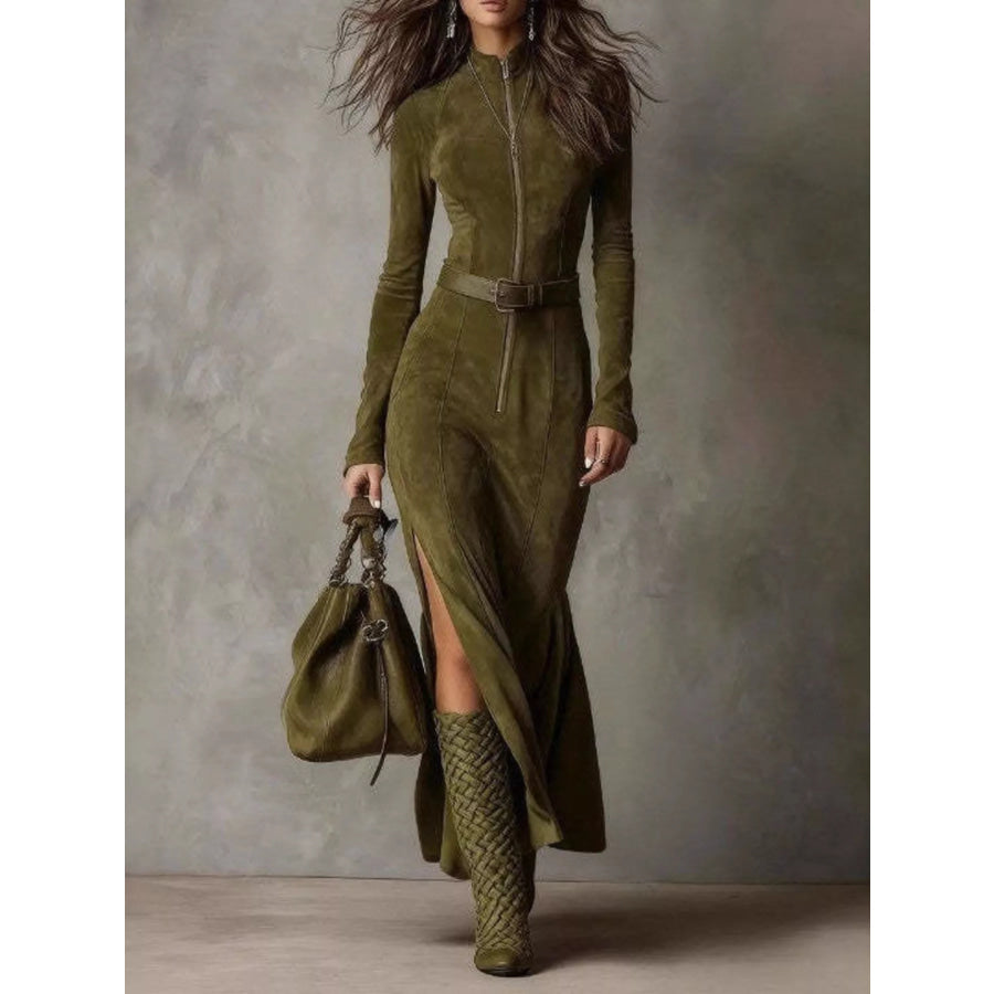Full Size Slit Zip-Front Long Sleeve Maxi Dress with Belt Plus Size Moss / XS Apparel and Accessories