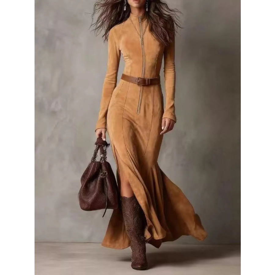 Full Size Slit Zip-Front Long Sleeve Maxi Dress with Belt Plus Size Tangerine / XS Apparel and Accessories