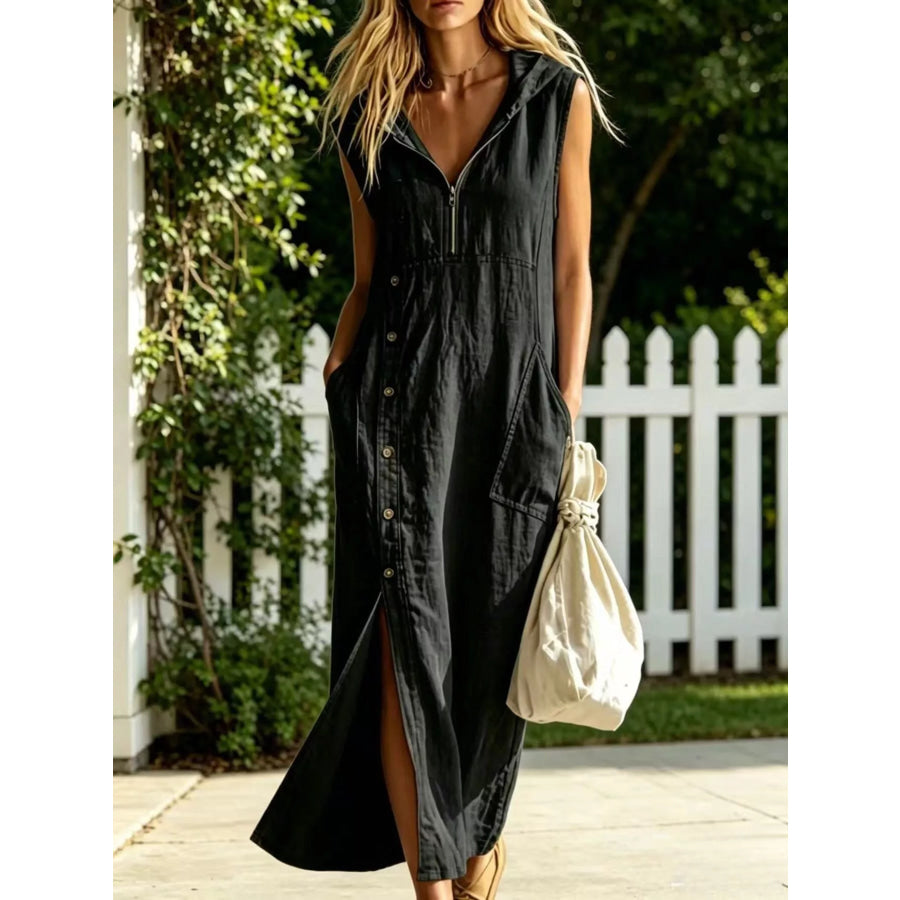 Full Size Slit Zip Front Sleeveless Hooded Dress Plus Black / S Apparel and Accessories