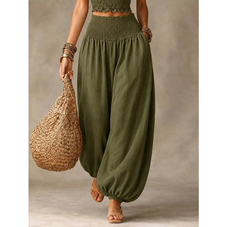 Full Size Smocked Harem Pants Plus Army Green / S Apparel and Accessories