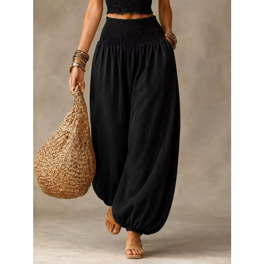 Full Size Smocked Harem Pants Plus Black / S Apparel and Accessories