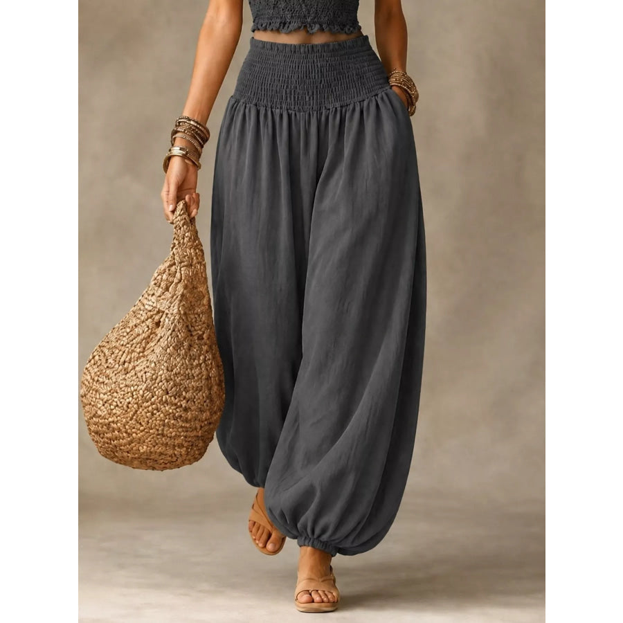 Full Size Smocked Harem Pants Plus Gray / S Apparel and Accessories