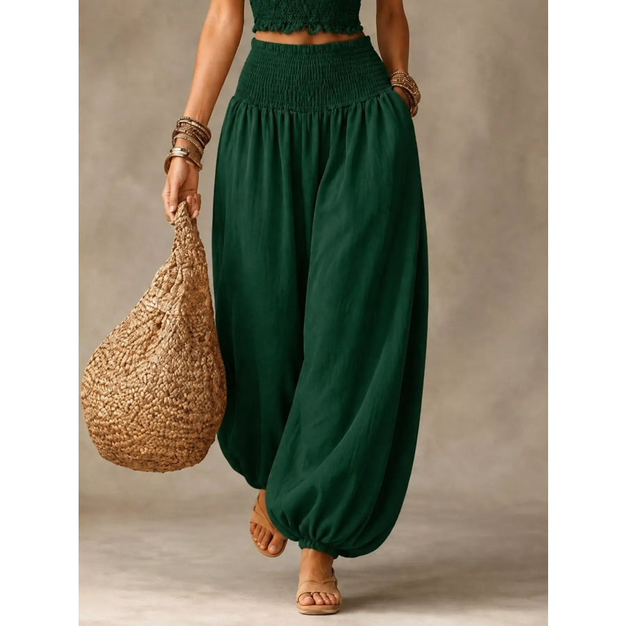 Full Size Smocked Harem Pants Plus Green / S Apparel and Accessories