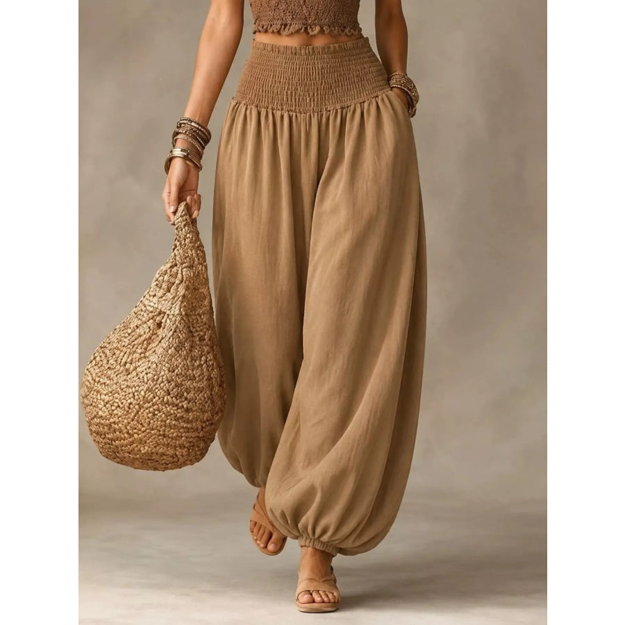 Full Size Smocked Harem Pants Plus Khaki Color / S Apparel and Accessories