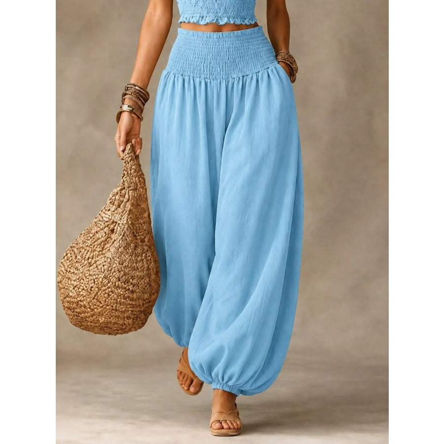 Full Size Smocked Harem Pants Plus Light Blue / S Apparel and Accessories