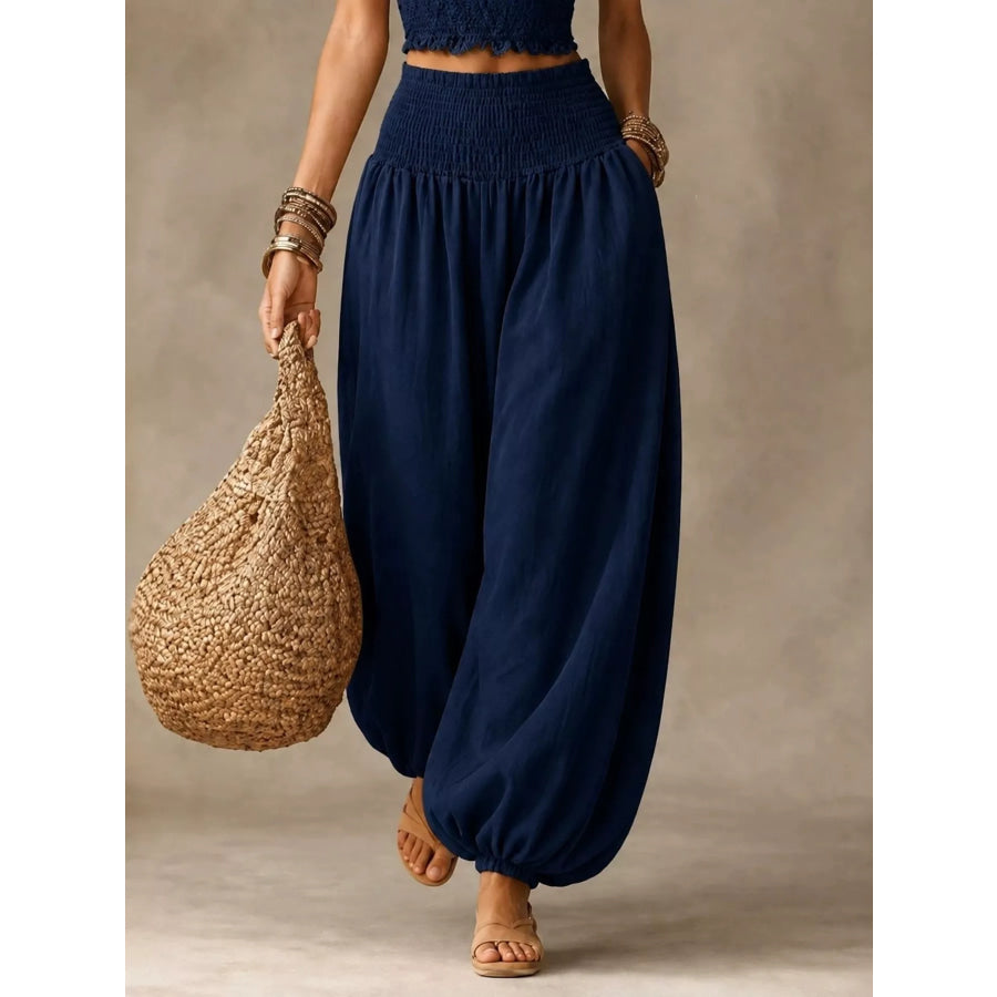 Full Size Smocked Harem Pants Plus Navy Blue / S Apparel and Accessories