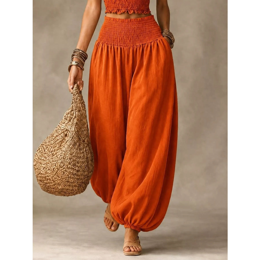 Full Size Smocked Harem Pants Plus Orange-red / S Apparel and Accessories