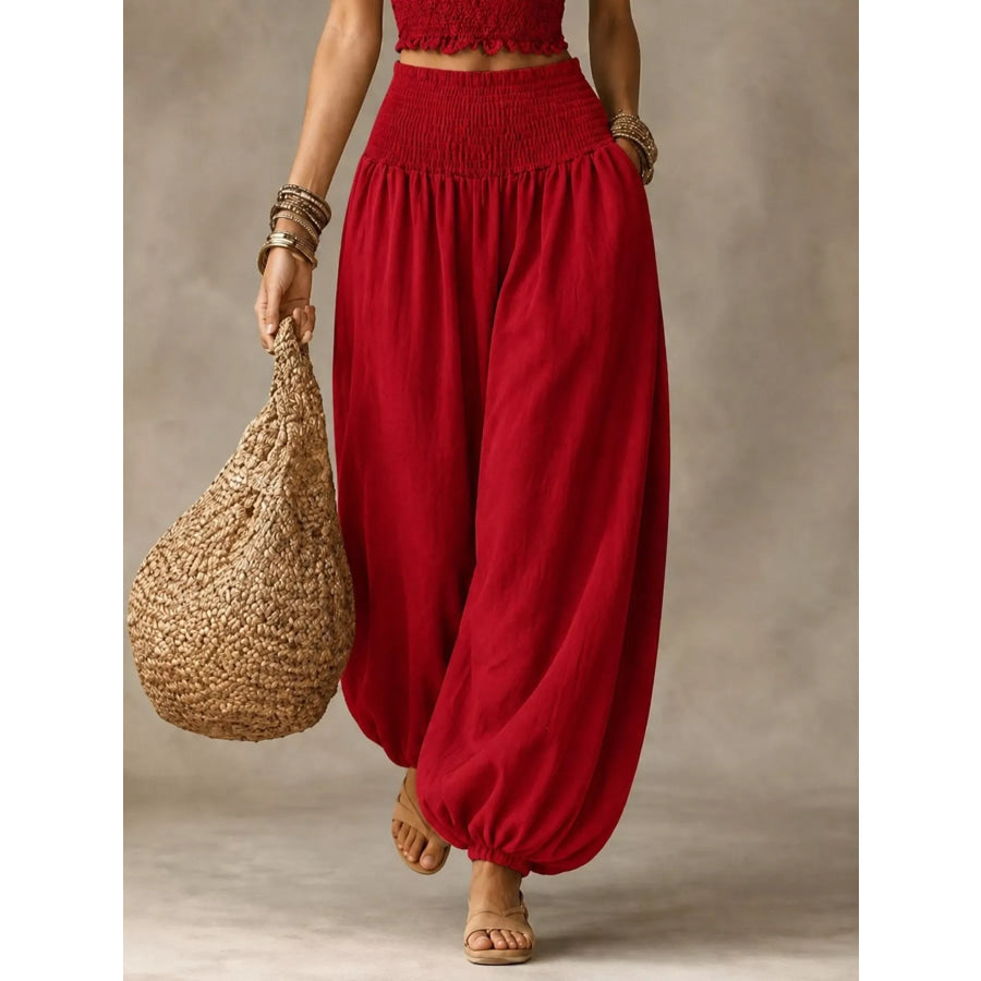 Full Size Smocked Harem Pants Plus Red / S Apparel and Accessories