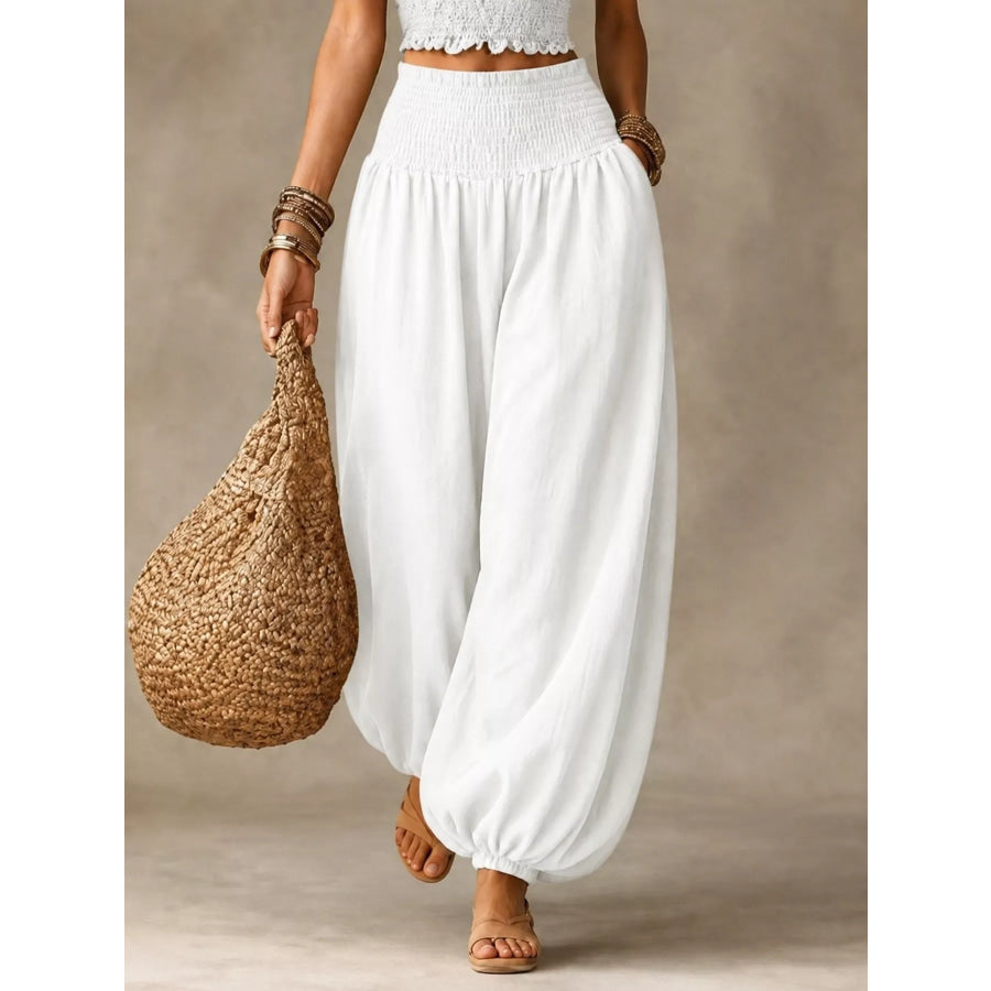 Full Size Smocked Harem Pants Plus White / S Apparel and Accessories