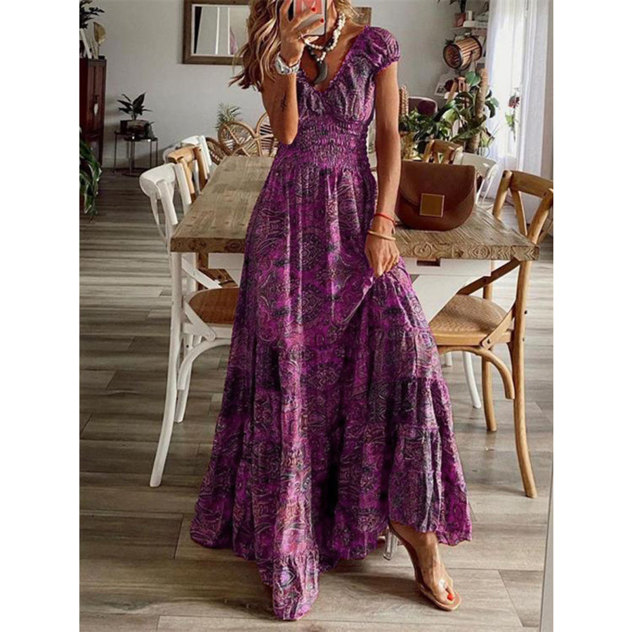 Full Size Smocked Printed V-Neck Short Sleeve Dress Deep Purple / S Apparel and Accessories