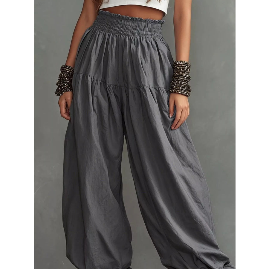 Full Size Smocked Ruffle Hem Wide Leg Pants Plus Size Apparel and Accessories