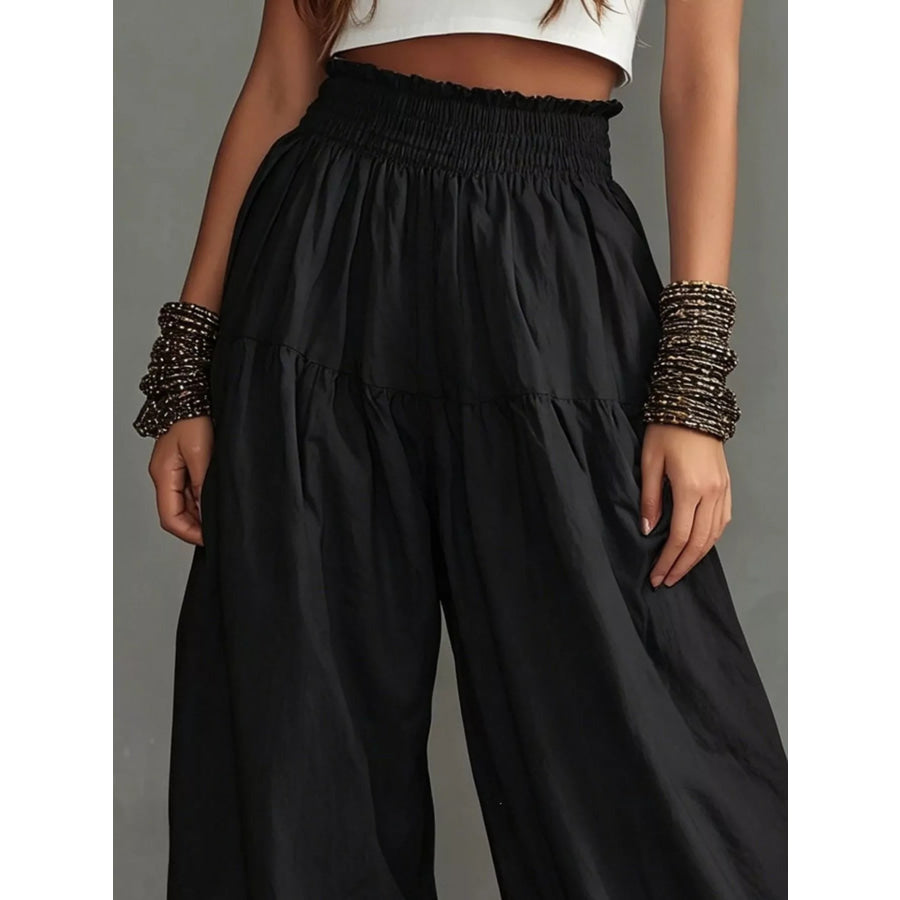 Full Size Smocked Ruffle Hem Wide Leg Pants Plus Size Apparel and Accessories