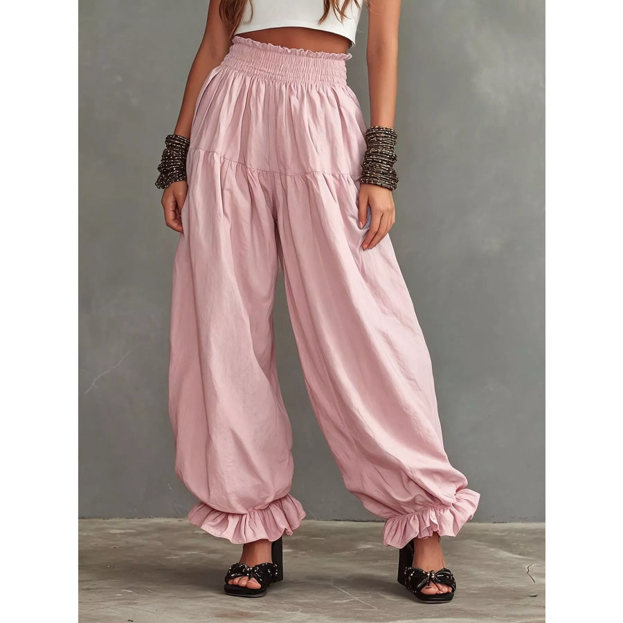 Full Size Smocked Ruffle Hem Wide Leg Pants Plus Size Apparel and Accessories