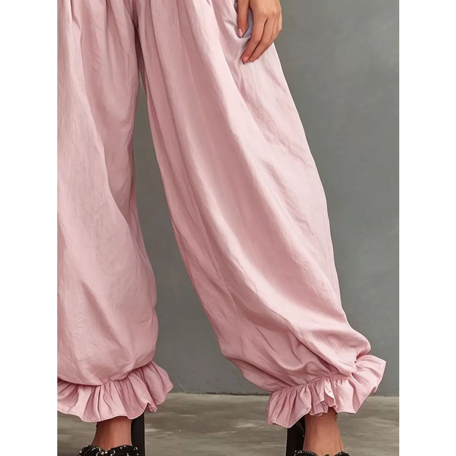 Full Size Smocked Ruffle Hem Wide Leg Pants Plus Size Apparel and Accessories