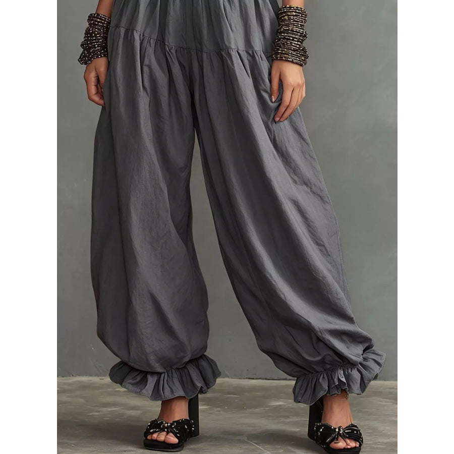Full Size Smocked Ruffle Hem Wide Leg Pants Plus Size Apparel and Accessories