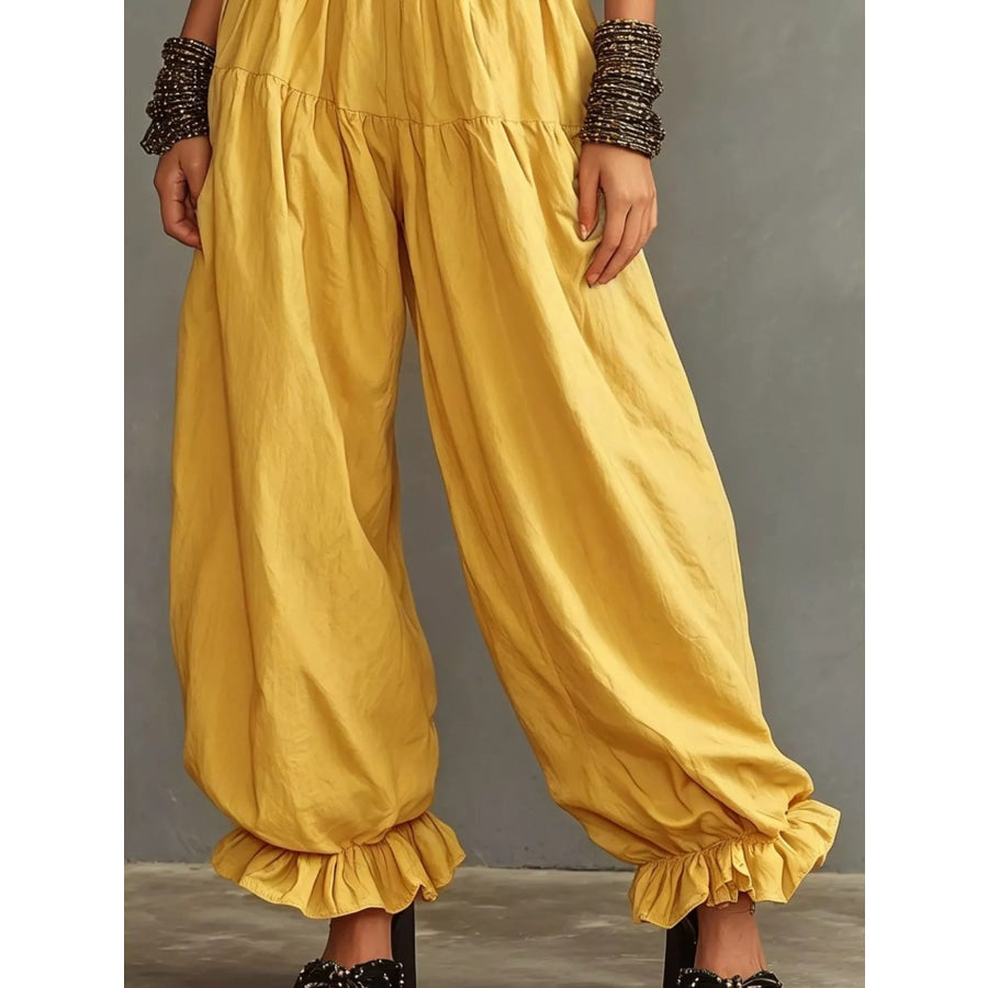 Full Size Smocked Ruffle Hem Wide Leg Pants Plus Size Apparel and Accessories