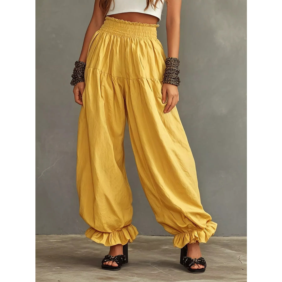 Full Size Smocked Ruffle Hem Wide Leg Pants Plus Size Apparel and Accessories