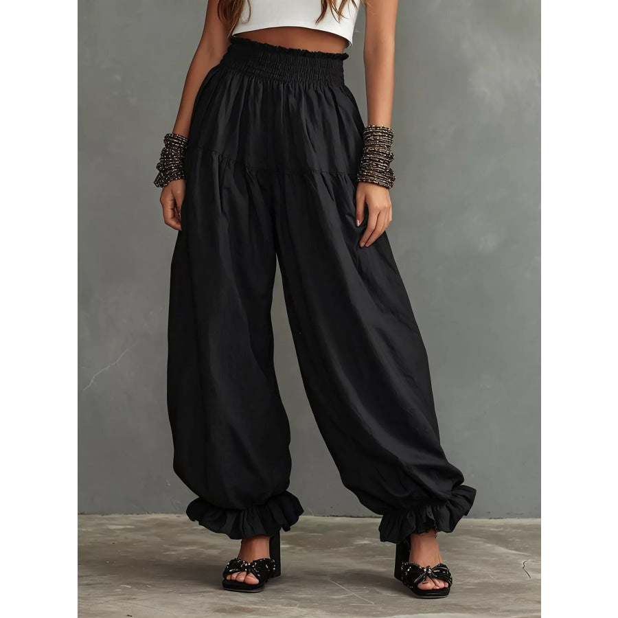 Full Size Smocked Ruffle Hem Wide Leg Pants Plus Size Black / S Apparel and Accessories