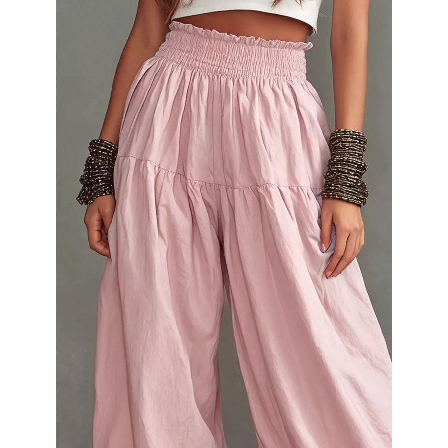 Full Size Smocked Ruffle Hem Wide Leg Pants Plus Size Blush Pink / S Apparel and Accessories