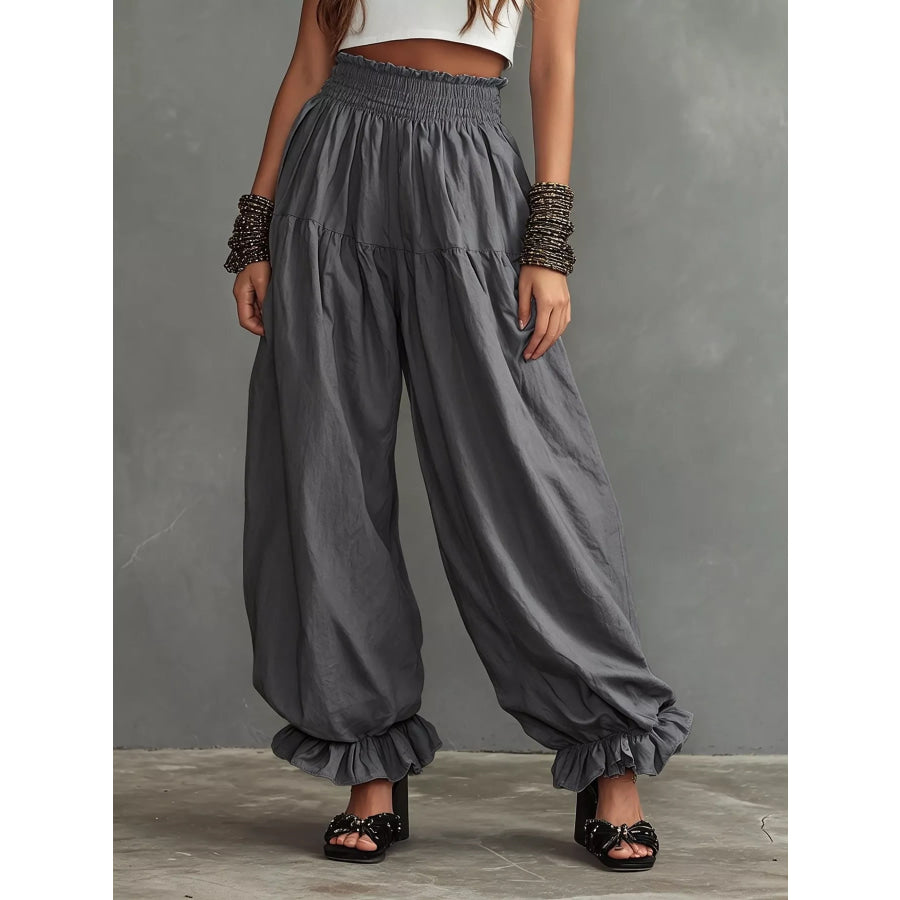 Full Size Smocked Ruffle Hem Wide Leg Pants Plus Size Dark Gray / S Apparel and Accessories