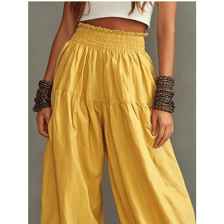 Full Size Smocked Ruffle Hem Wide Leg Pants Plus Size Mustard / S Apparel and Accessories