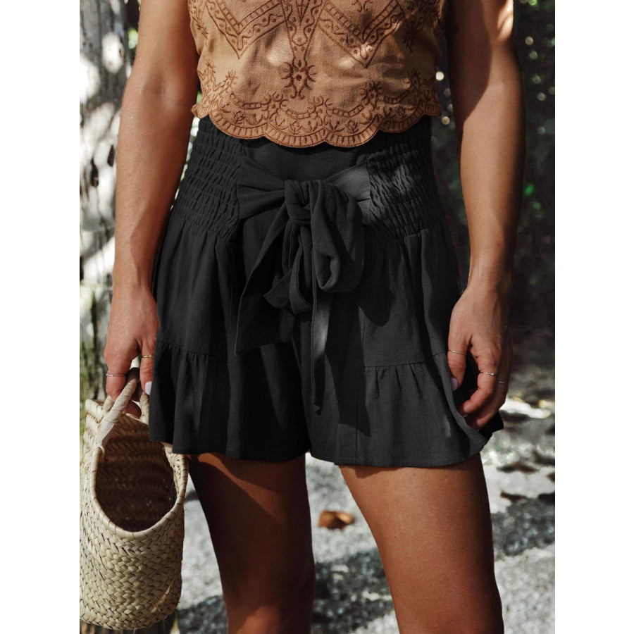 Full Size Smocked Ruffled High Waist Shorts Black / S Apparel and Accessories