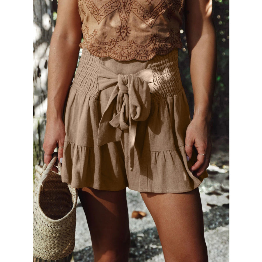 Full Size Smocked Ruffled High Waist Shorts Khaki / S Apparel and Accessories