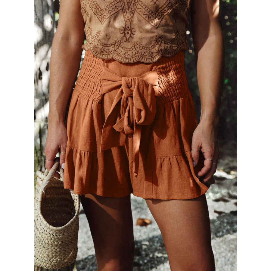 Full Size Smocked Ruffled High Waist Shorts Ochre / S Apparel and Accessories