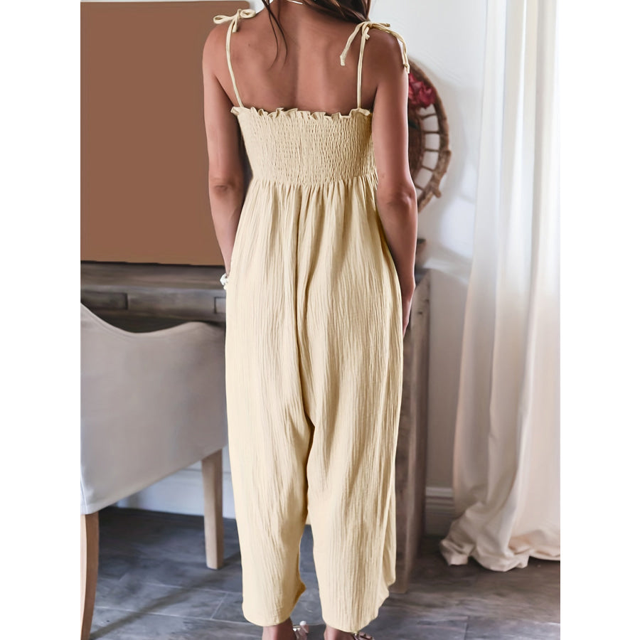 Full Size Smocked Spaghetti Strap Wide Leg Jumpsuit Sand / S Apparel and Accessories
