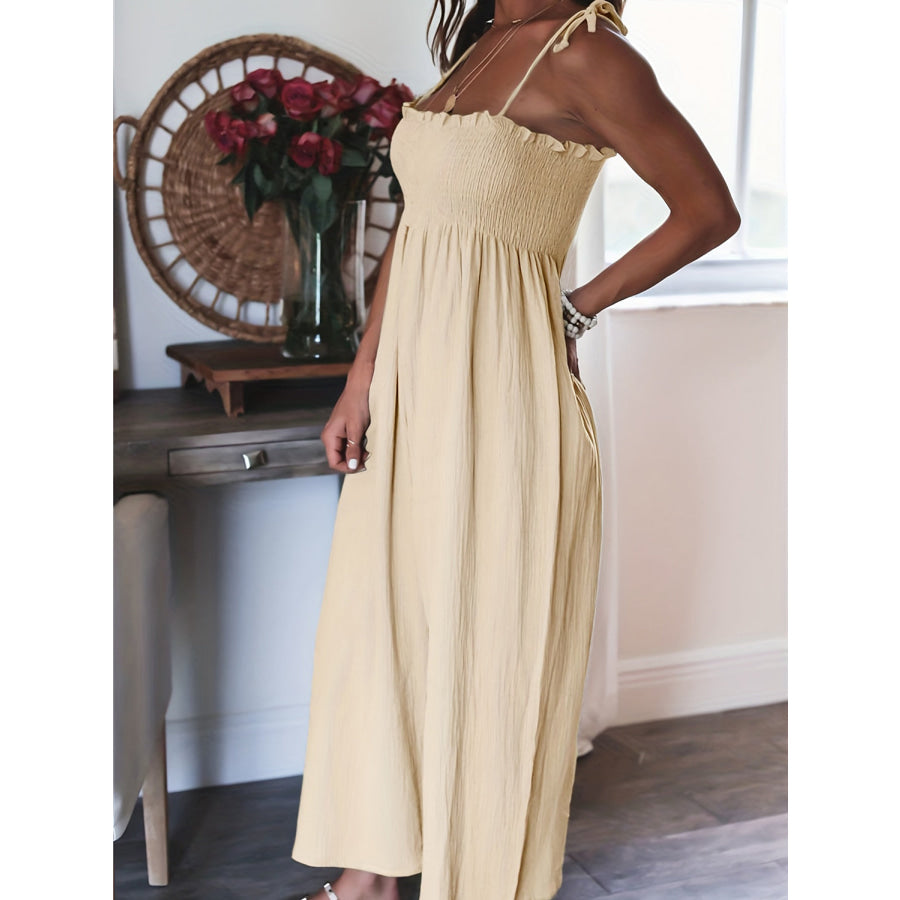 Full Size Smocked Spaghetti Strap Wide Leg Jumpsuit Sand / S Apparel and Accessories