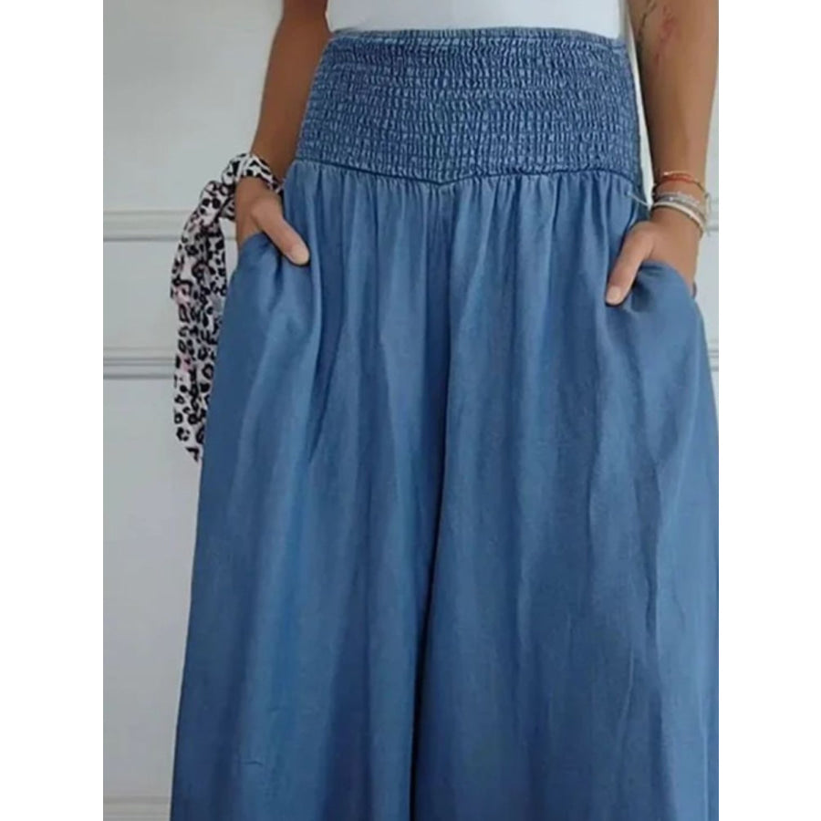 Full Size Smocked Wide Leg Pants with Pockets Apparel and Accessories