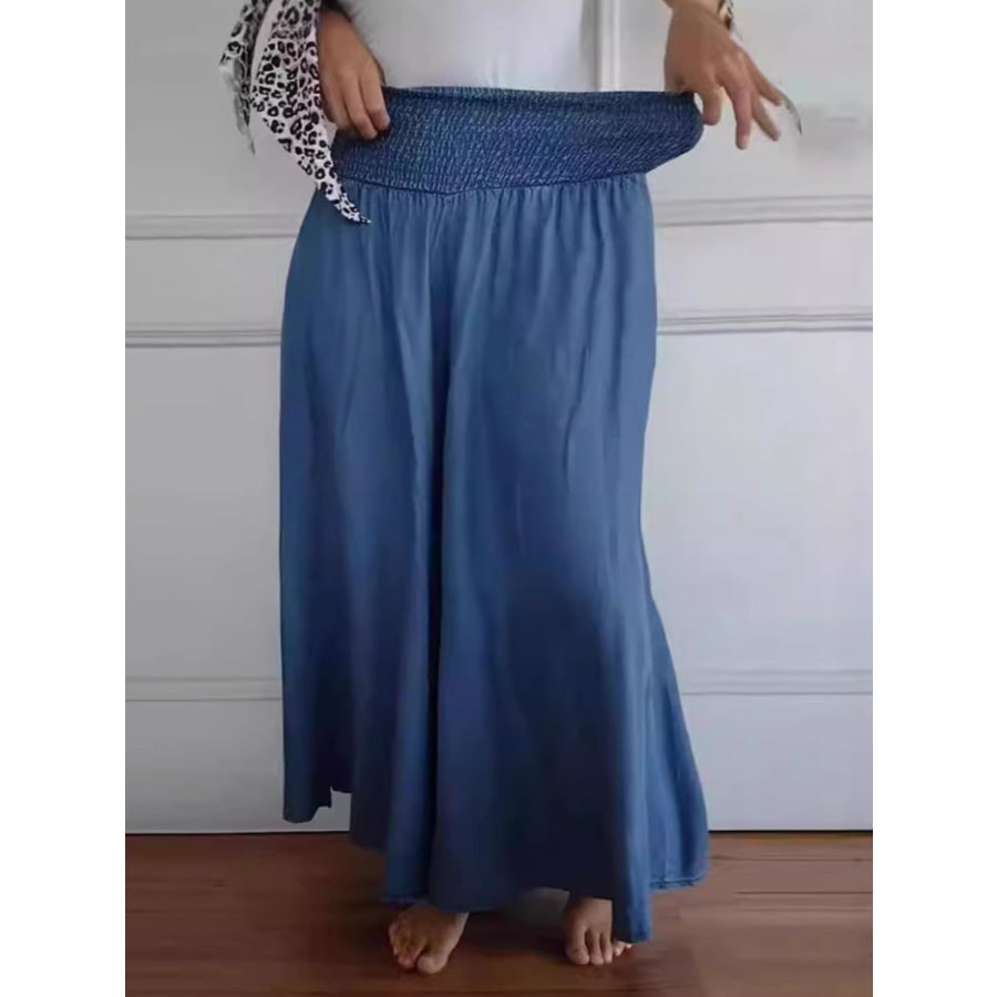 Full Size Smocked Wide Leg Pants with Pockets Apparel and Accessories