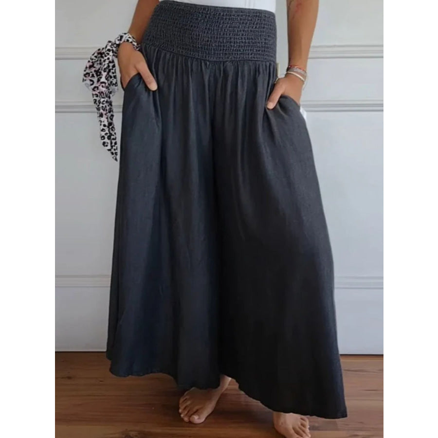 Full Size Smocked Wide Leg Pants with Pockets Black / S Apparel and Accessories