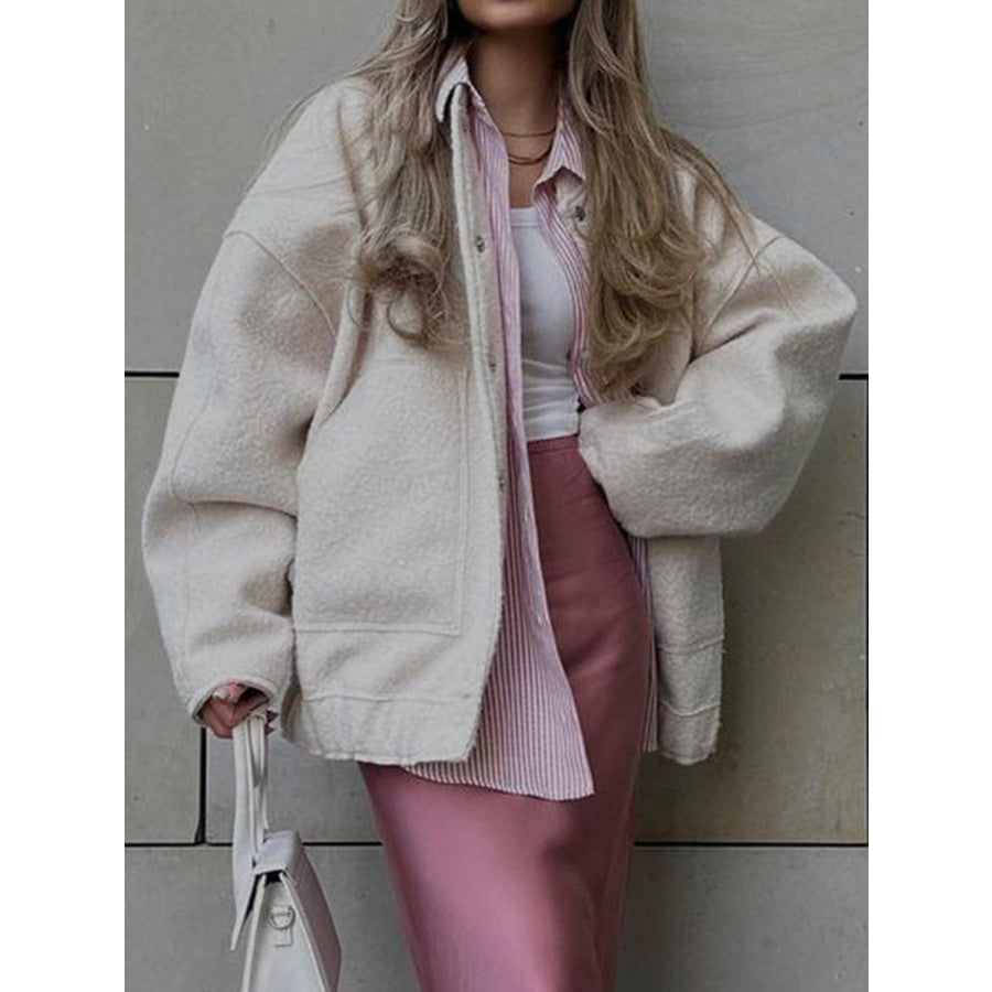 Full Size Snap Down Drop Shoulder Jacket White / S Apparel and Accessories