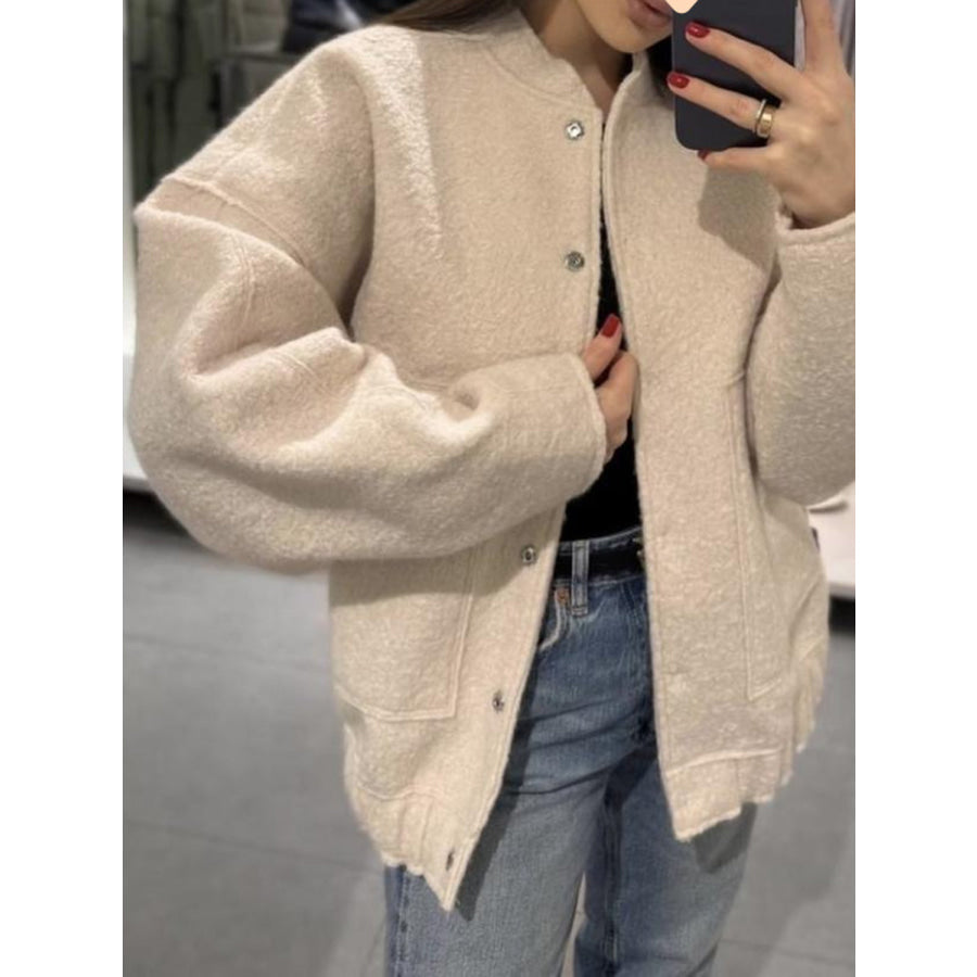 Full Size Snap Down Drop Shoulder Jacket Beige / S Apparel and Accessories