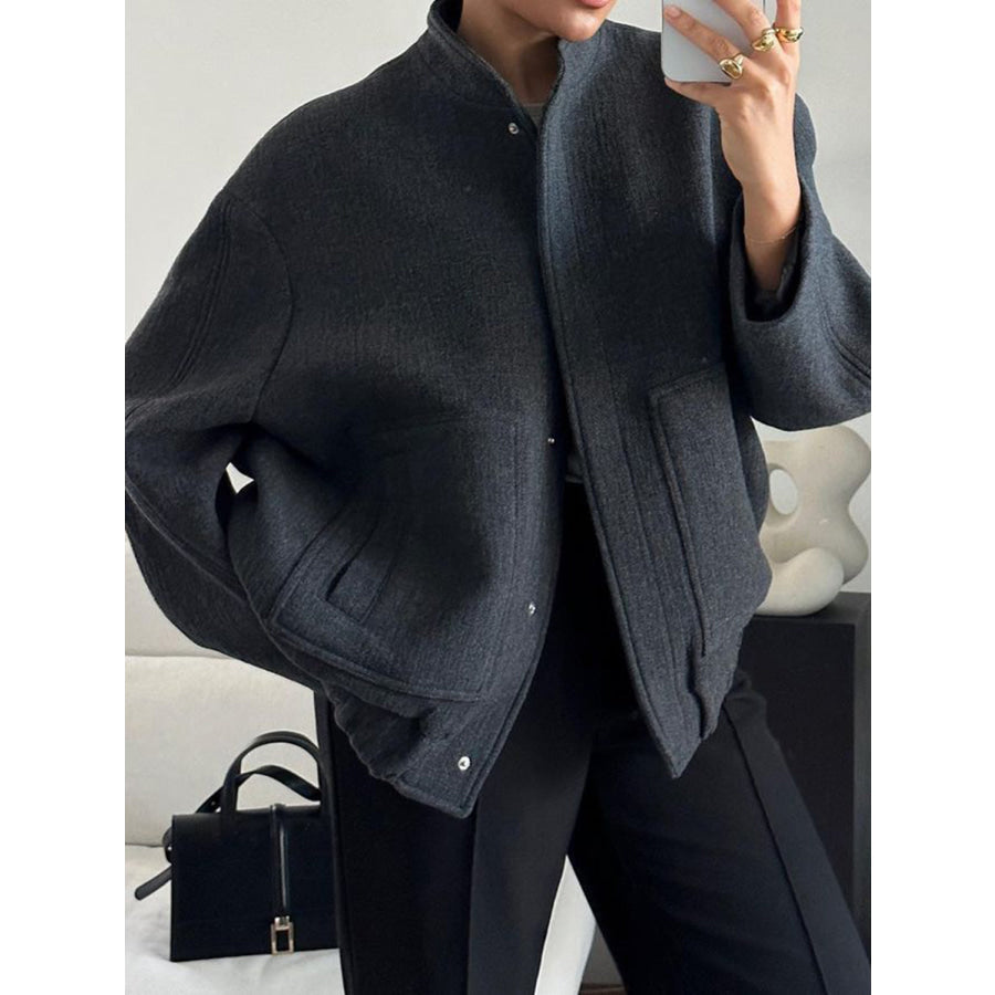 Full Size Snap Down Drop Shoulder Jacket Black / S Apparel and Accessories